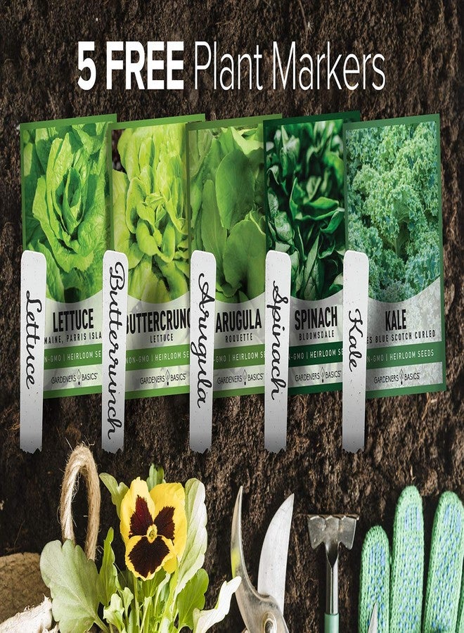 Gardeners Basics بذور خضراوات تراثية من غاردنرز بيسكس، غير معدلة وراثيًا، للزراعة الداخلية والخارجية - خس باتركرانش، خس روماني، جرجير، كرنب، وسبانخ، عبوة من 5 بذور - Image 2